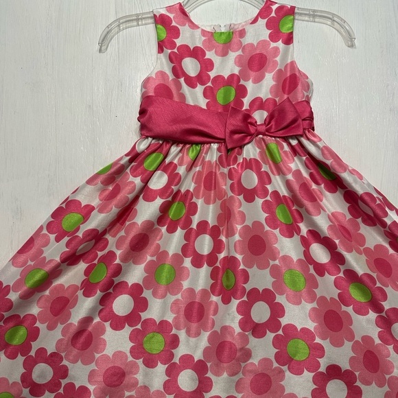 Rare Editions Girls 5 Pink Floral Satin Dress Bow Party Easter Spring Retro - Picture 2 of 9